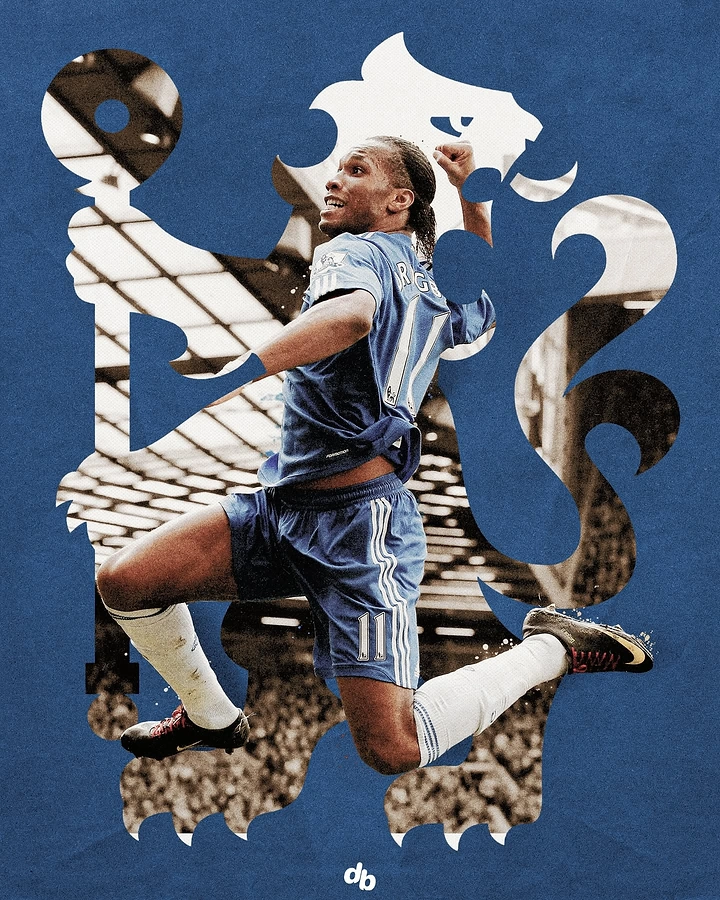 Sports creative ad: Football striker leaping in celebration inside a lion crest cutout