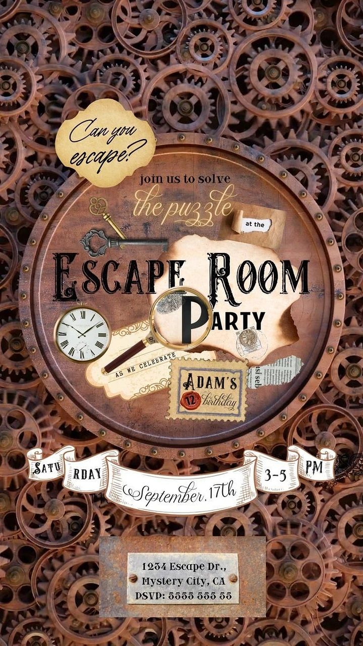 Escape Rooms creative ad: Steampunk puzzle-party invitation concept