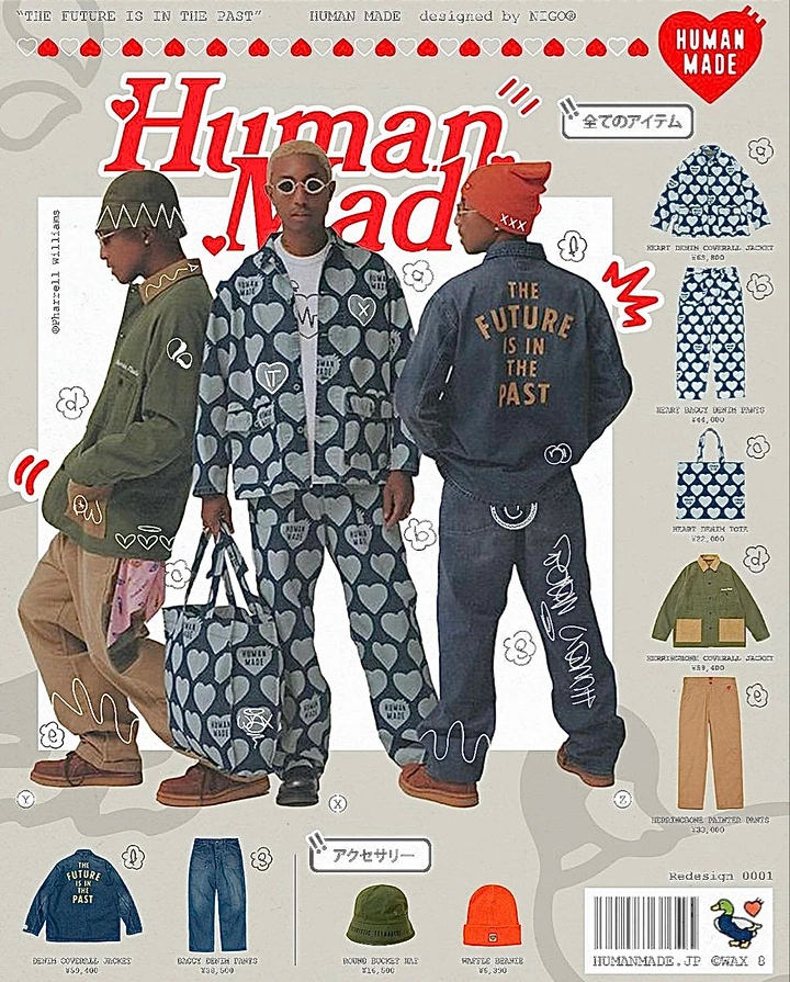 Creative ad: Three models in heart-print denim and workwear with product grid