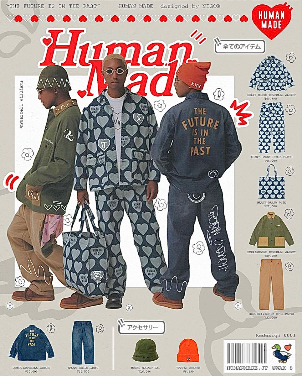 Instagram post: Three models in heart-print denim and workwear with product grid