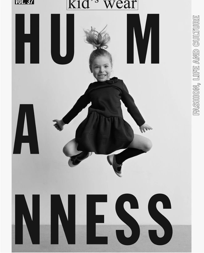 Kids Clothing creative ad: Jumping girl forms letter in HUMANNESS