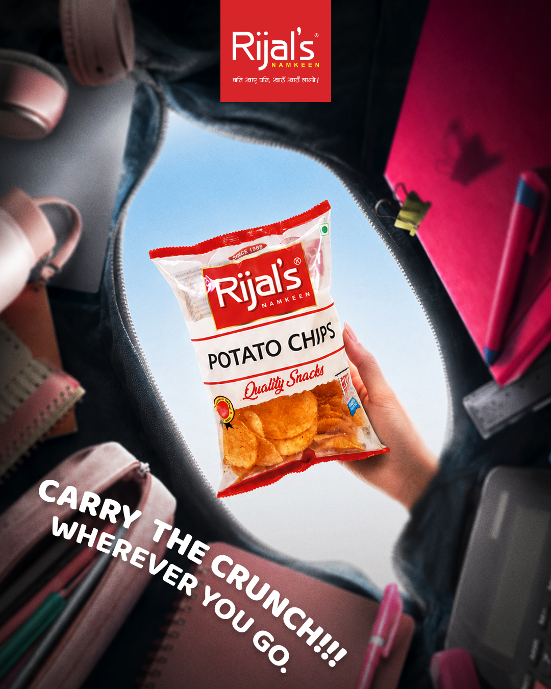 Instagram post: Bag opening view, carry the crunch