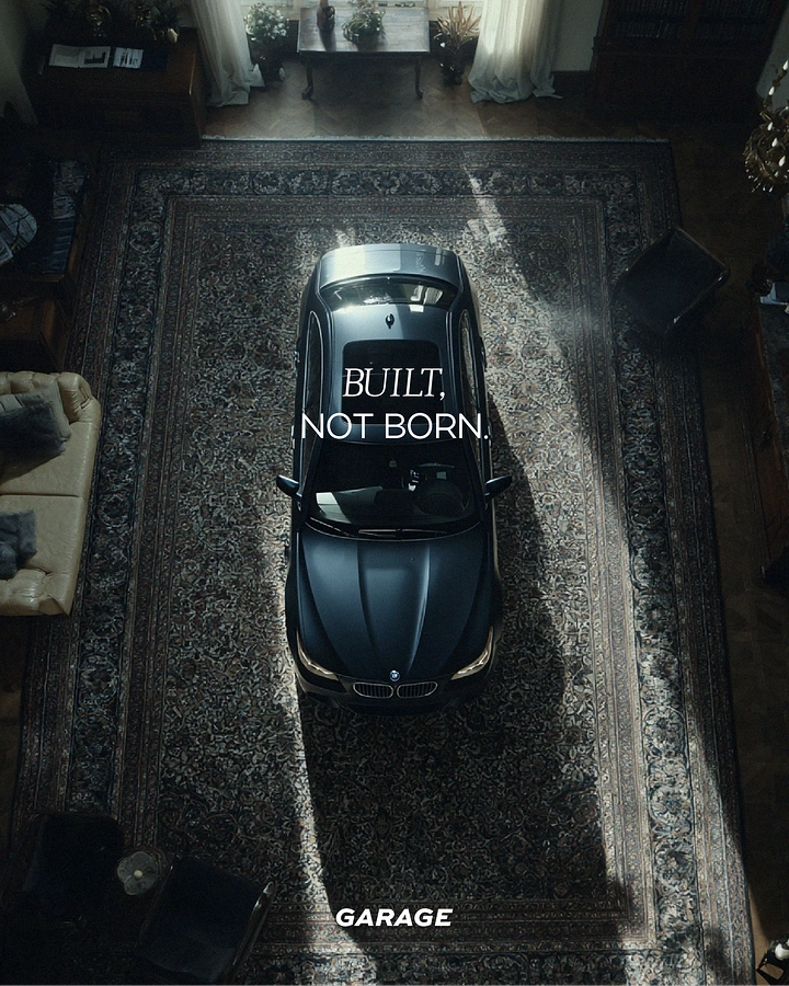 Creative ad: Top-down view of a dark sedan parked on an ornate rug inside a living room