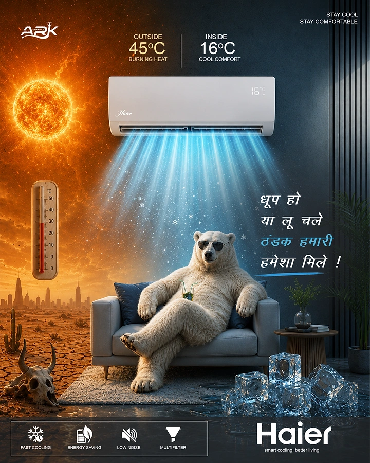 Home Appliances creative ad: Polar bear lounging on sofa under AC cool beam