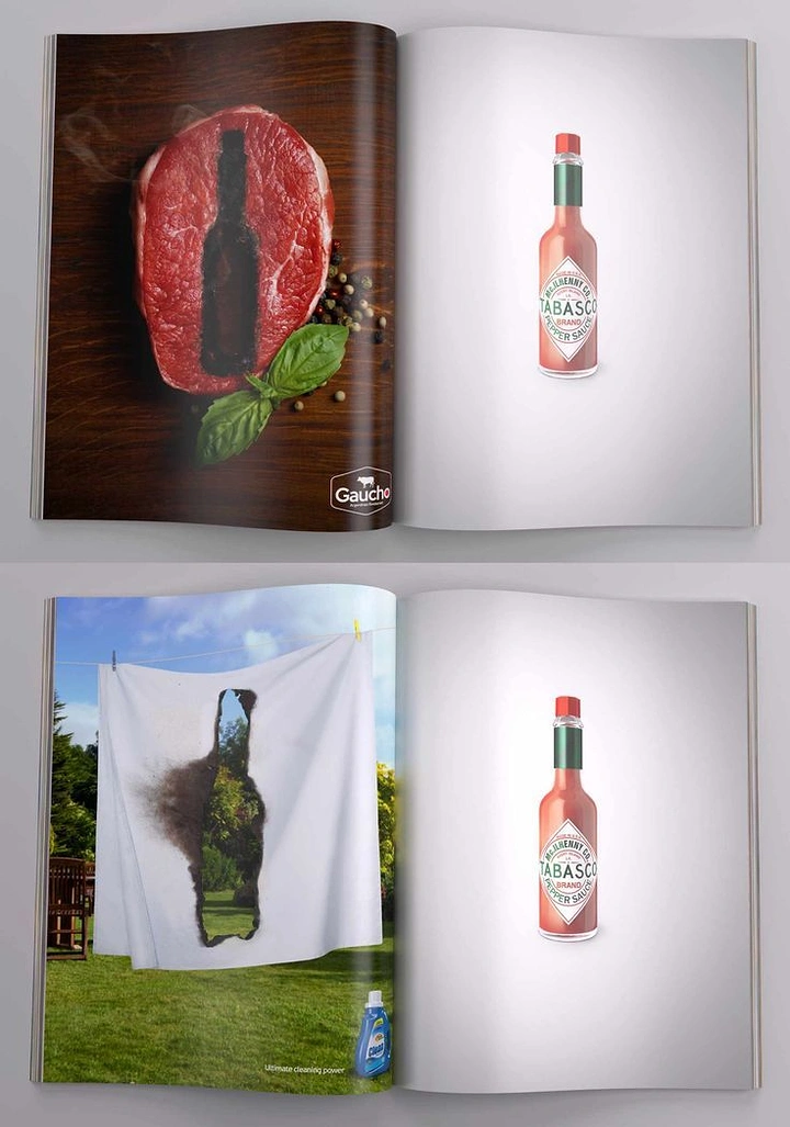 Spices & Masala Brands creative ad: Tabasco bottle silhouette burned into meat