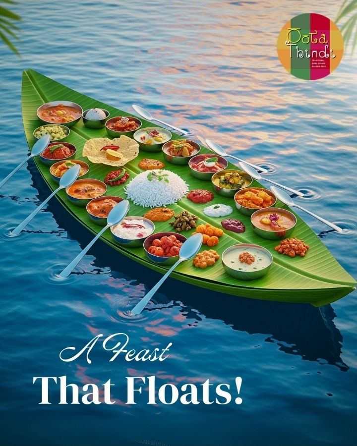 Banana-leaf boat carrying a full sadya spread, rowed by spoons