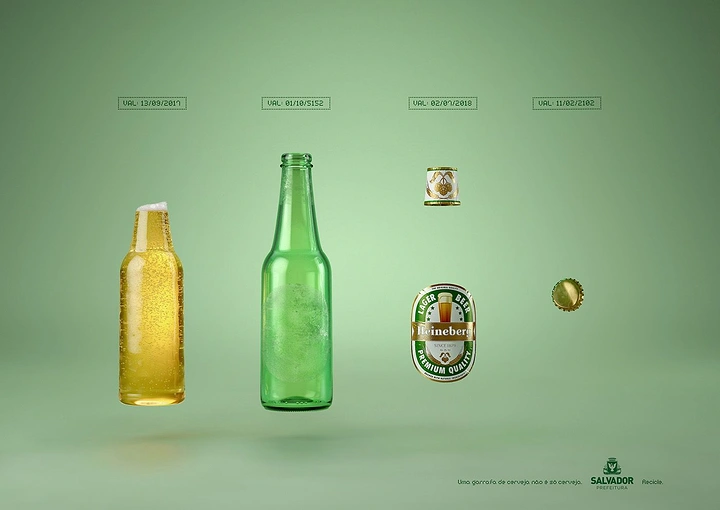 Creative ad: A beer bottle broken into its parts (beer, glass, label, cap), each with its own expiry date