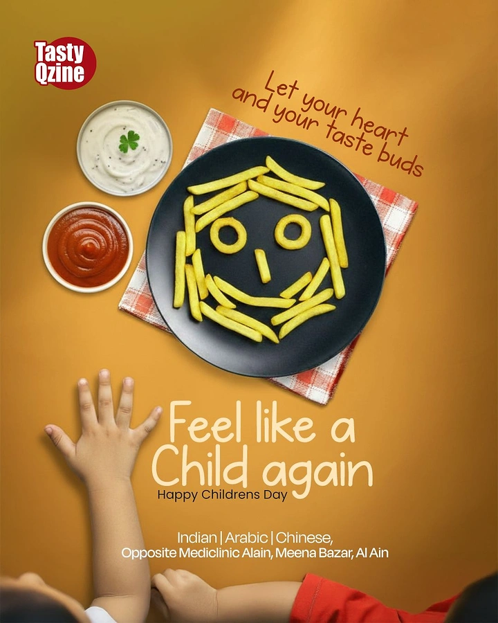 Children's Day creative ad: Top-down black plate of fries arranged into a smiling face