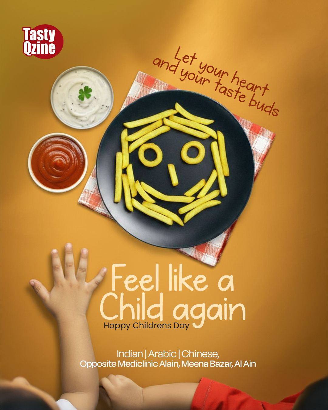 Top-down black plate of fries arranged into a smiling face