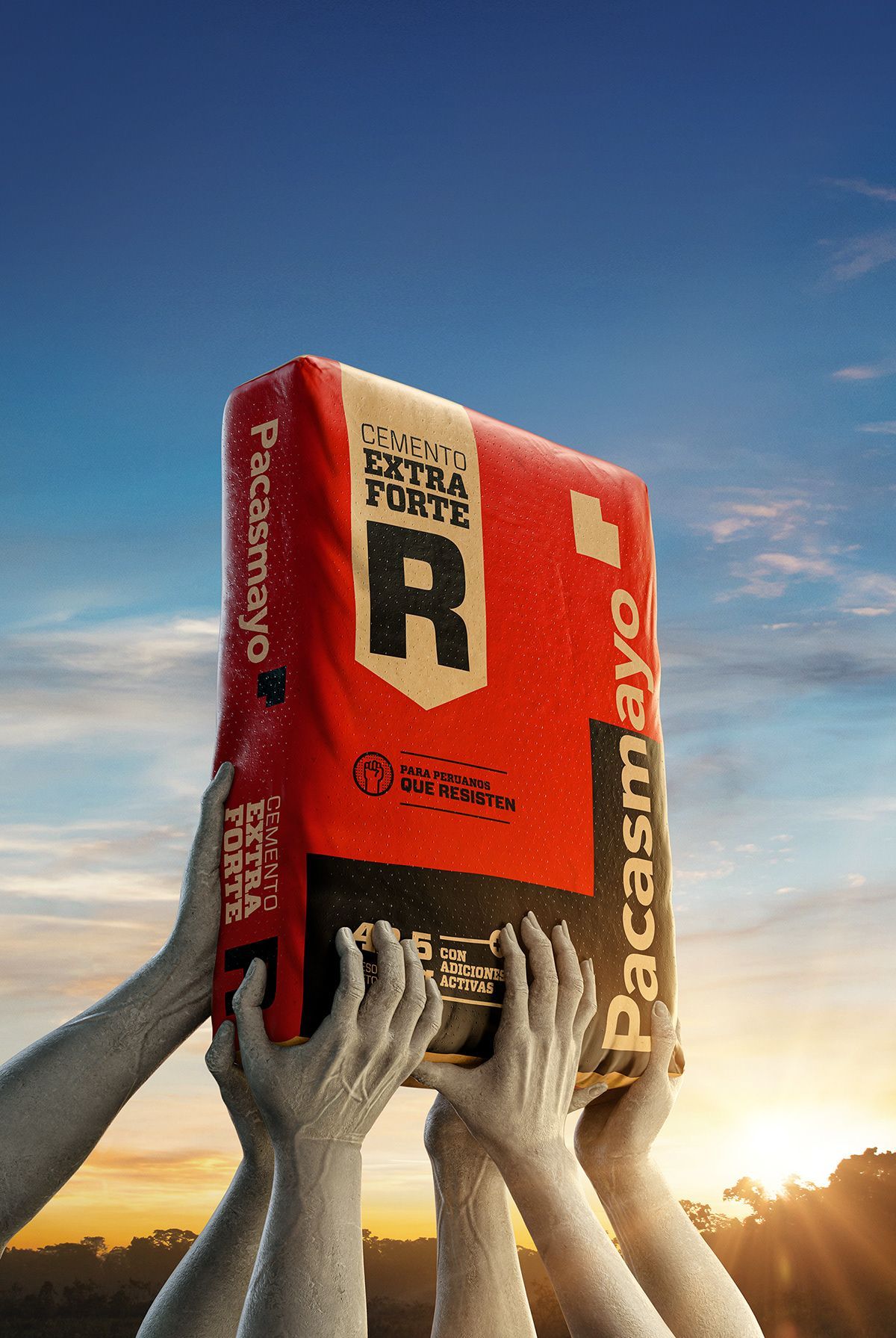 Poster: Many cement-covered hands lifting a red cement bag toward the sky