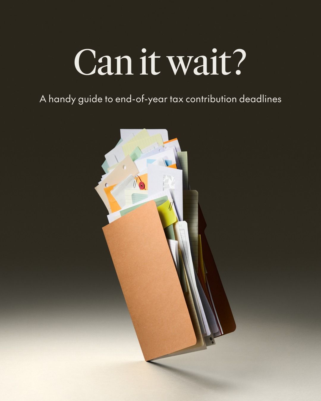 New Year Instagram post: Overstuffed kraft file folder balancing on its edge