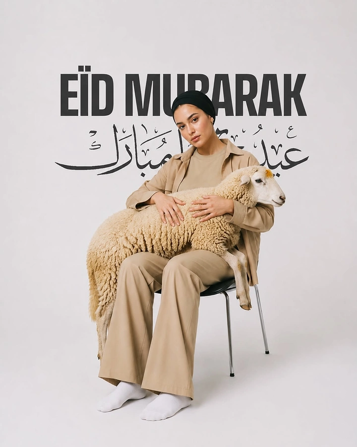 Eid creative ad: Woman in beige holding a sheep on her lap