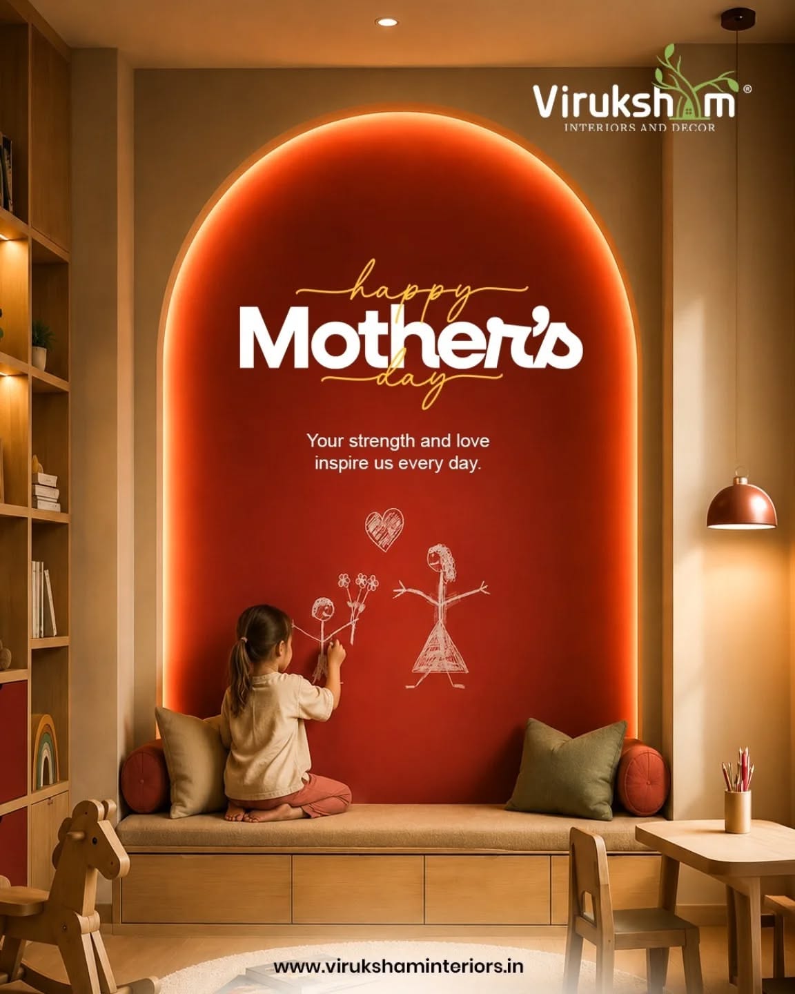 Child drawing mom stick figure on a glowing red arched wall niche