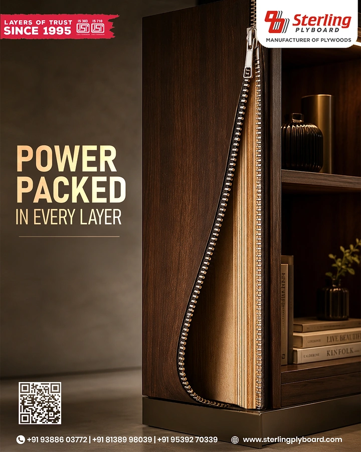 Plywood & Laminates creative ad: Wooden cabinet panel unzipped to reveal plywood layers inside
