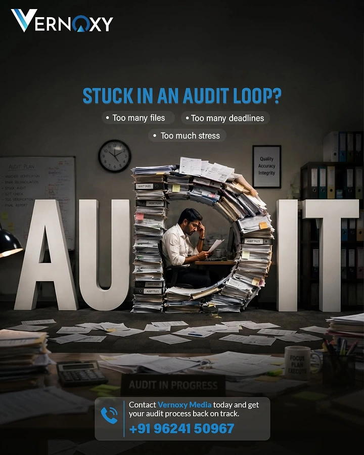 Business Consulting Firms creative ad: Stressed man inside a ring of file stacks that forms the D in AUDIT