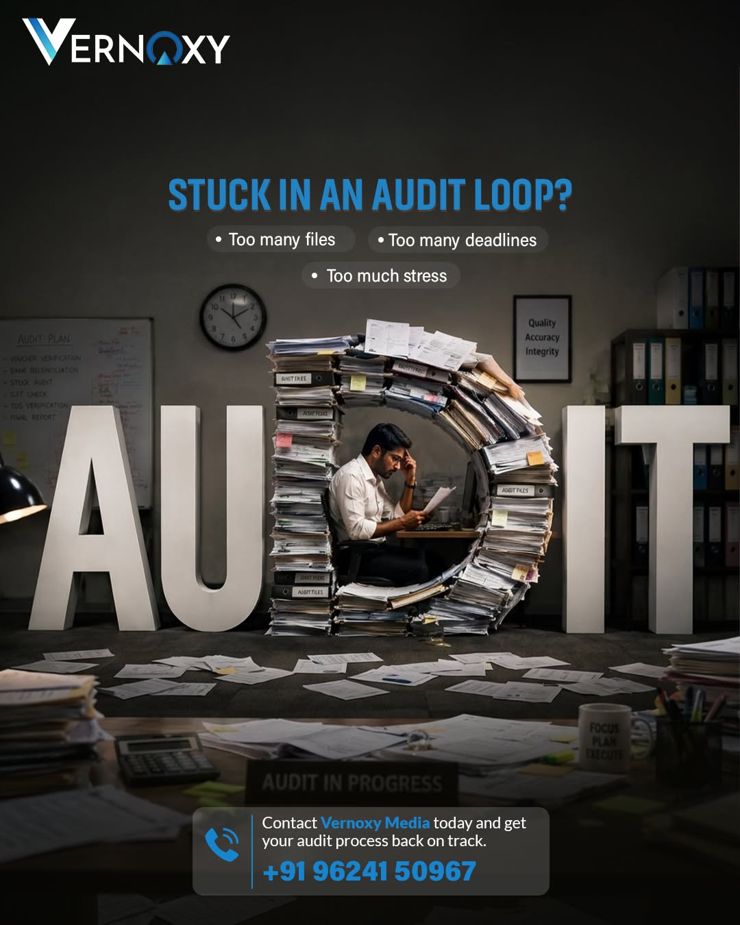 Instagram post: Stressed man inside a ring of file stacks that forms the D in AUDIT