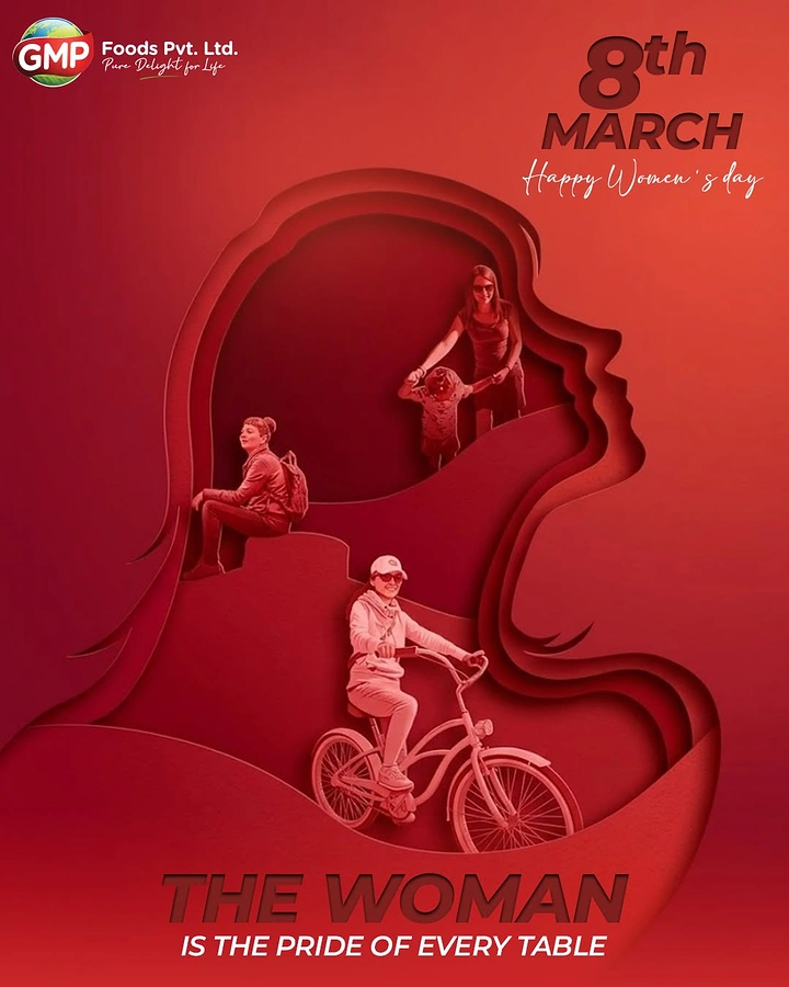 Women's Day creative ad: Layered paper-cut woman's profile holding scenes of active women