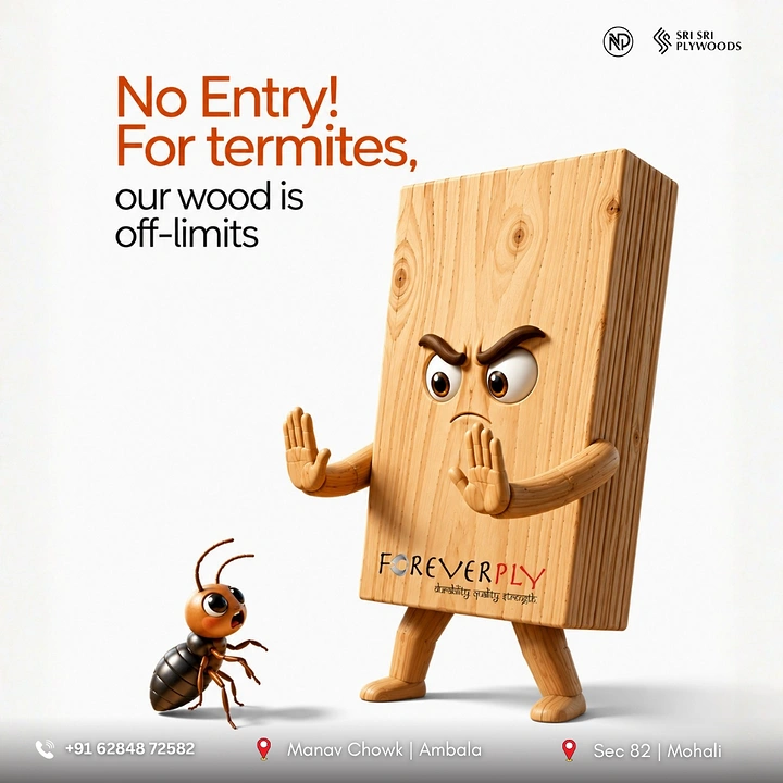 Carpenters & Woodwork creative ad: Plywood character stopping termite, witty copy