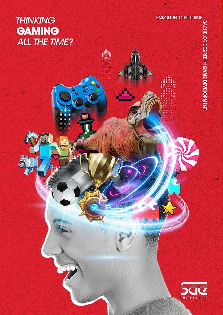 Gaming & Esports creative ad: Game worlds bursting from gamer's head