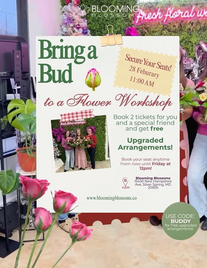 Florists creative ad: 'Bring a Bud' pun, busy layout
