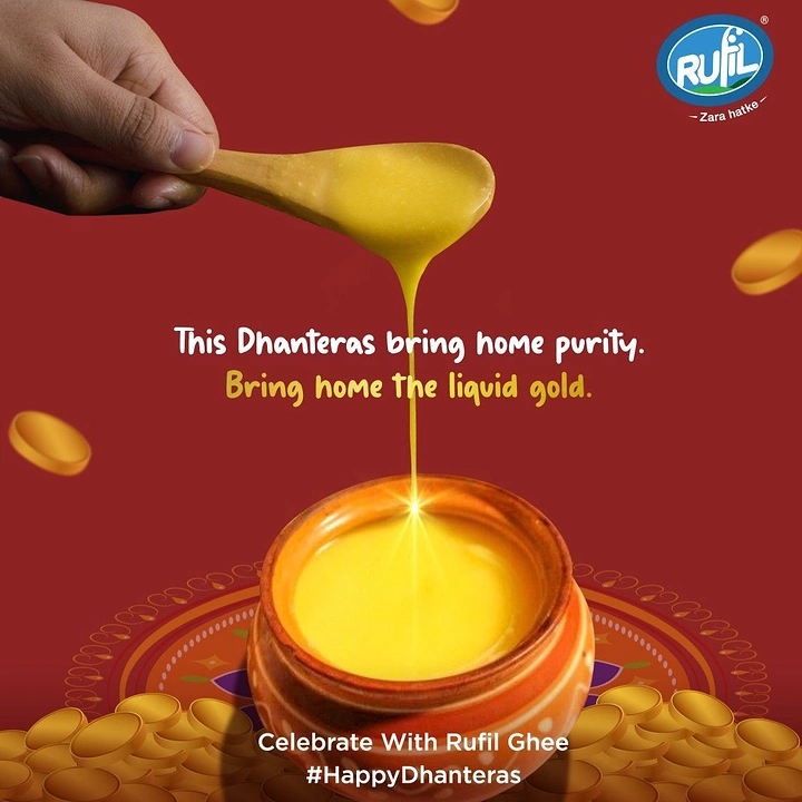 Dhanteras creative ad: Golden ghee pouring from a wooden spoon into a clay pot