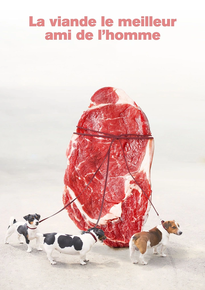 Meat & Seafood Shops creative ad: Giant raw steak walking three dogs on leashes