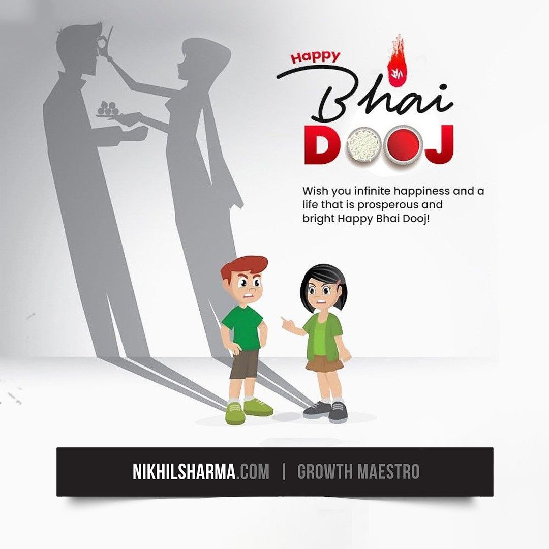 Bickering cartoon siblings casting adult shadows performing tilak ritual