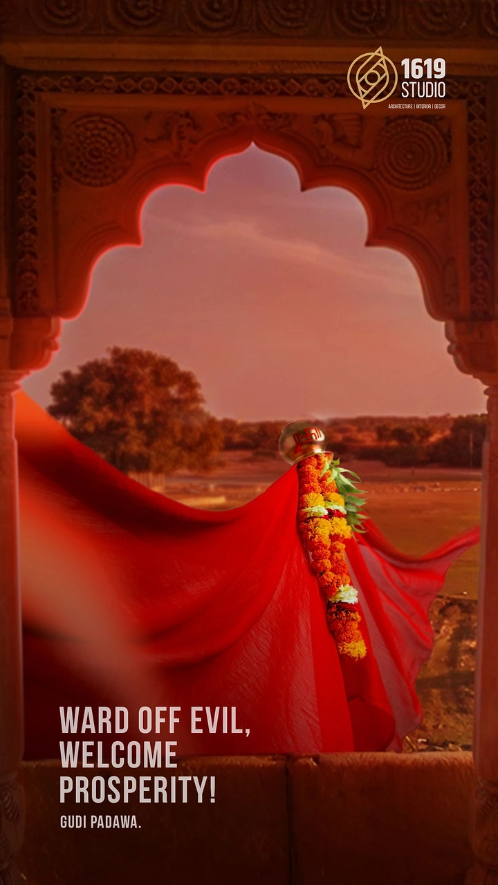 other-festival creative ad: Gudi with billowing red cloth through arch