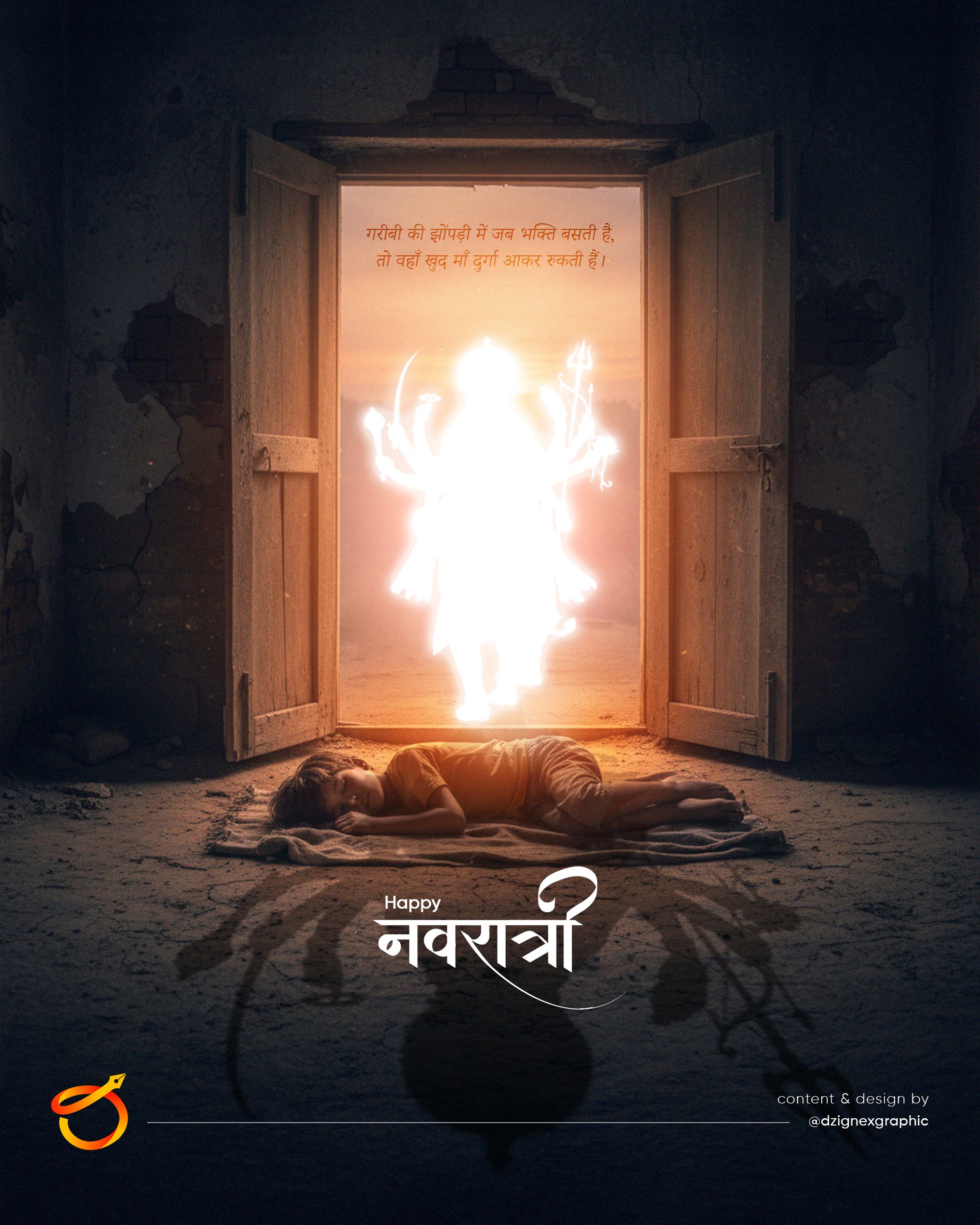Poor child sleeping before a doorway where a glowing Durga appears