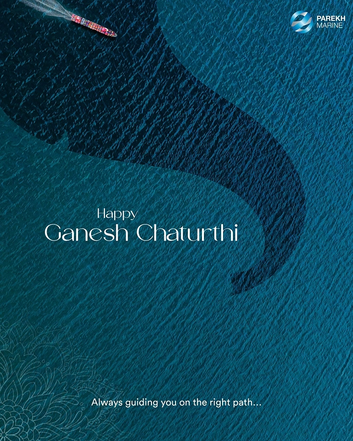 Ganesh Chaturthi creative ad: Aerial ocean with a dark Ganesha-trunk shape and a container ship
