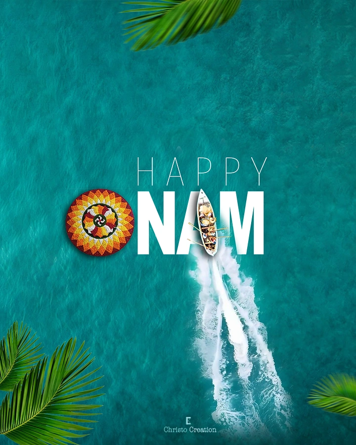 Onam creative ad: Aerial boat and pookalam integrated into ONAM lettering