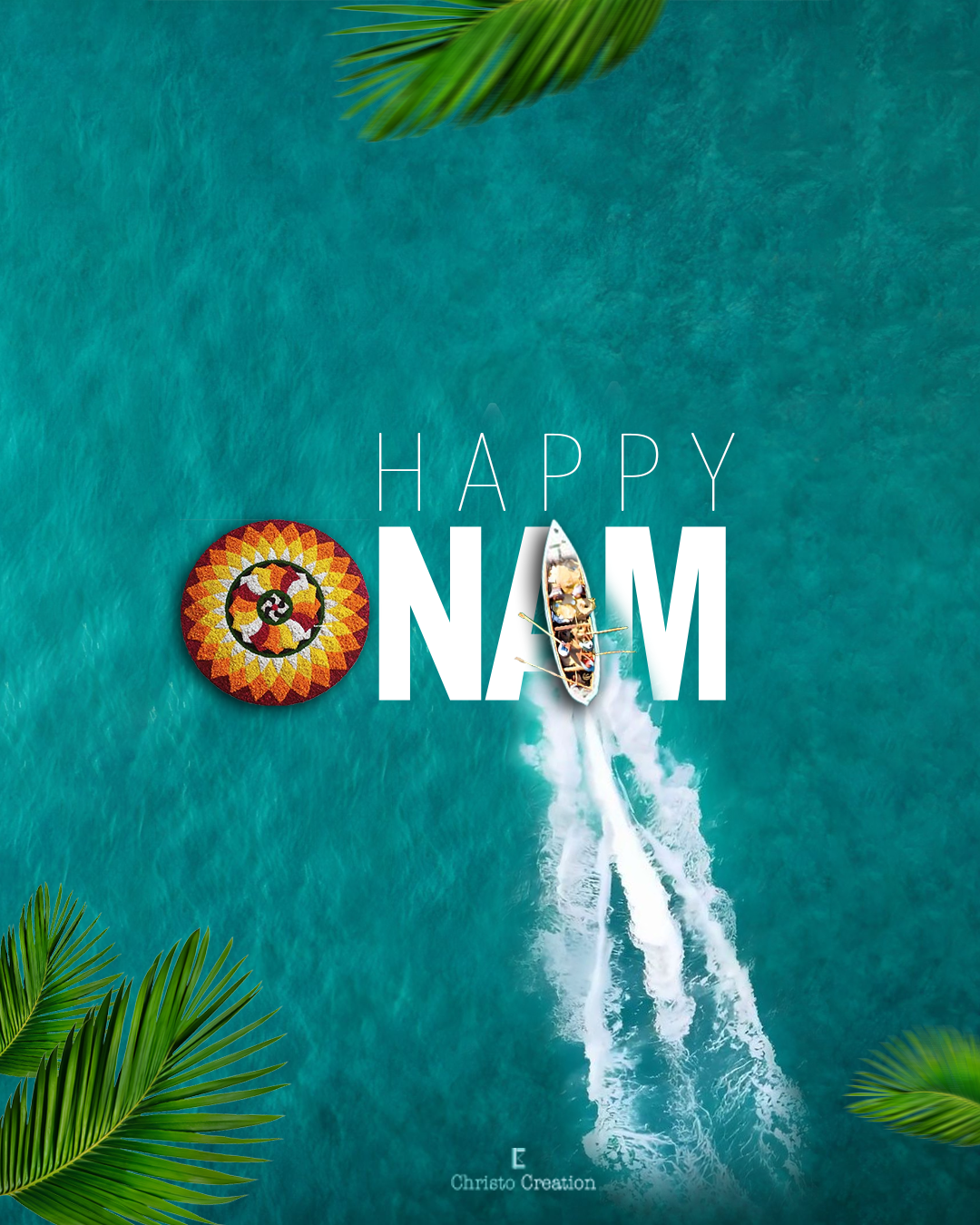 Aerial boat and pookalam integrated into ONAM lettering