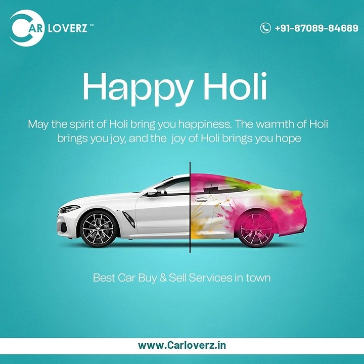 Holi creative ad: Car split: plain half versus colour-splashed half