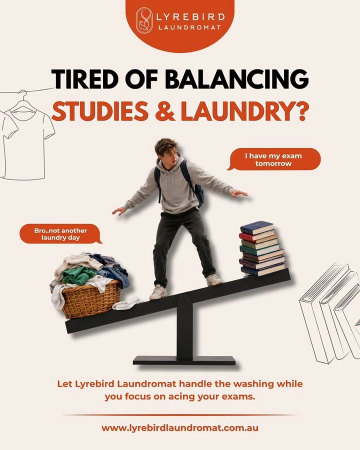 Laundry & Dry Cleaning creative ad: Seesaw balancing laundry against study books