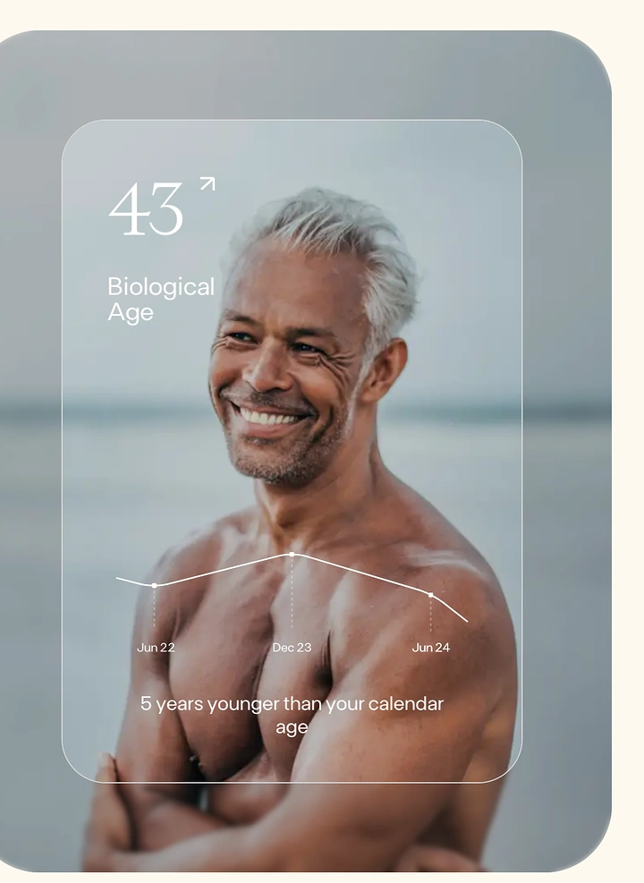 Diagnostic Labs creative ad: Smiling silver-haired man with a biological-age data overlay