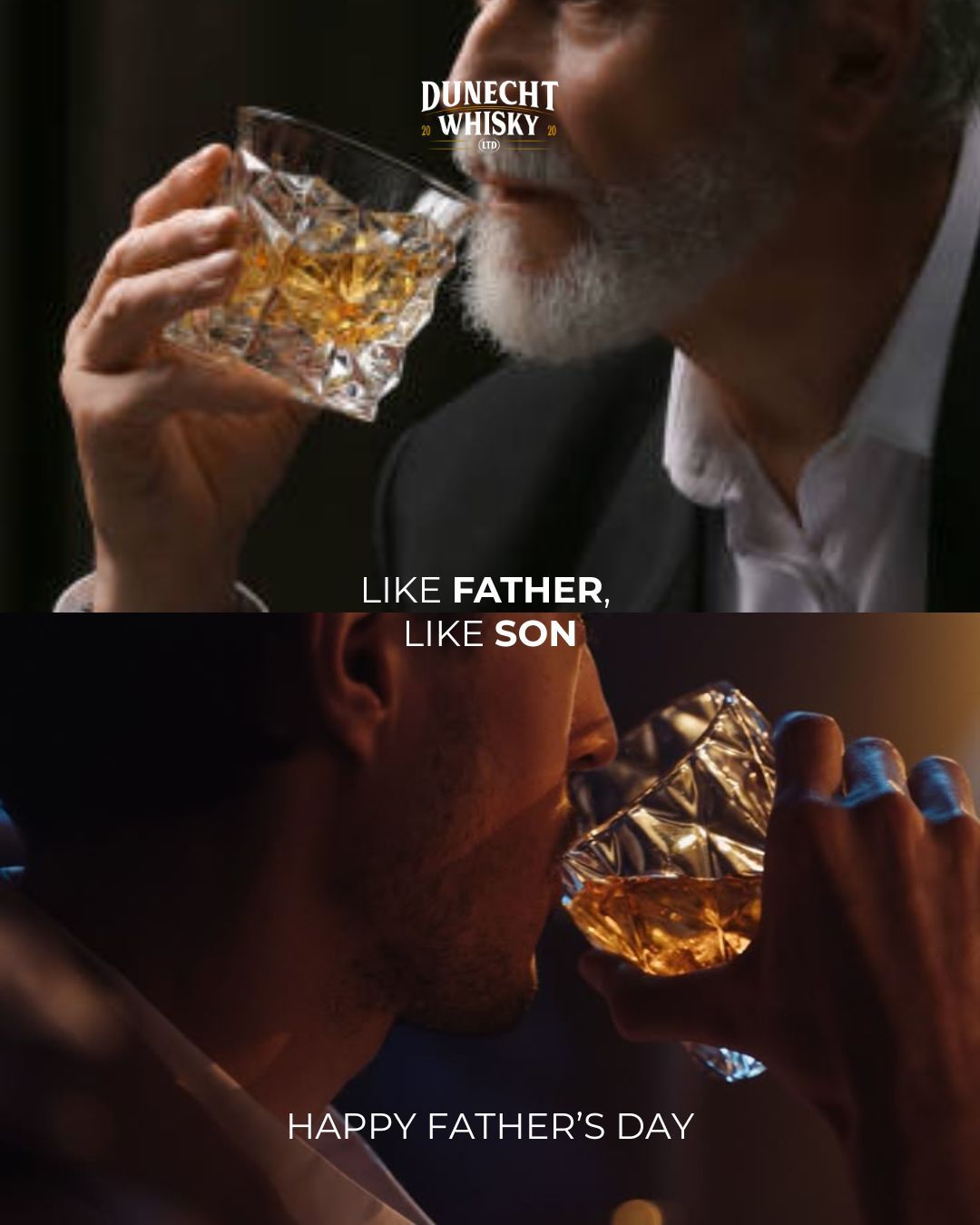 Split frame of an older bearded man and a younger man each sipping whisky