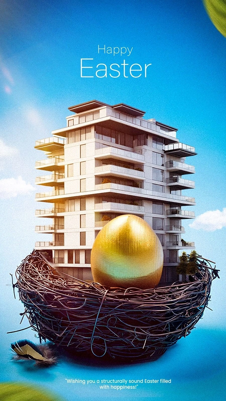 Easter creative ad: Modern apartment tower rising from a wire nest with a golden egg