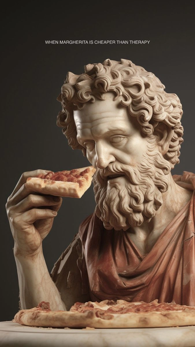 Italian Restaurants creative ad: Statue pizza therapy visual pun