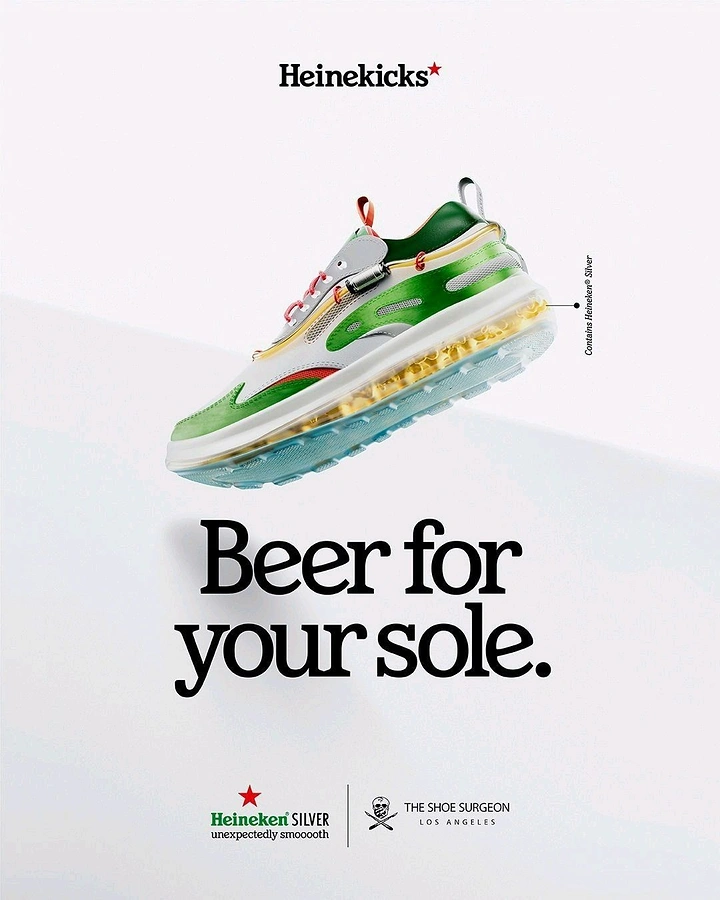 Streetwear creative ad: Floating green-white sneaker with beer-filled translucent sole