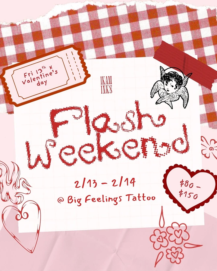 Tattoo Studios creative ad: Scrapbook Valentine flash weekend, hand-drawn charm