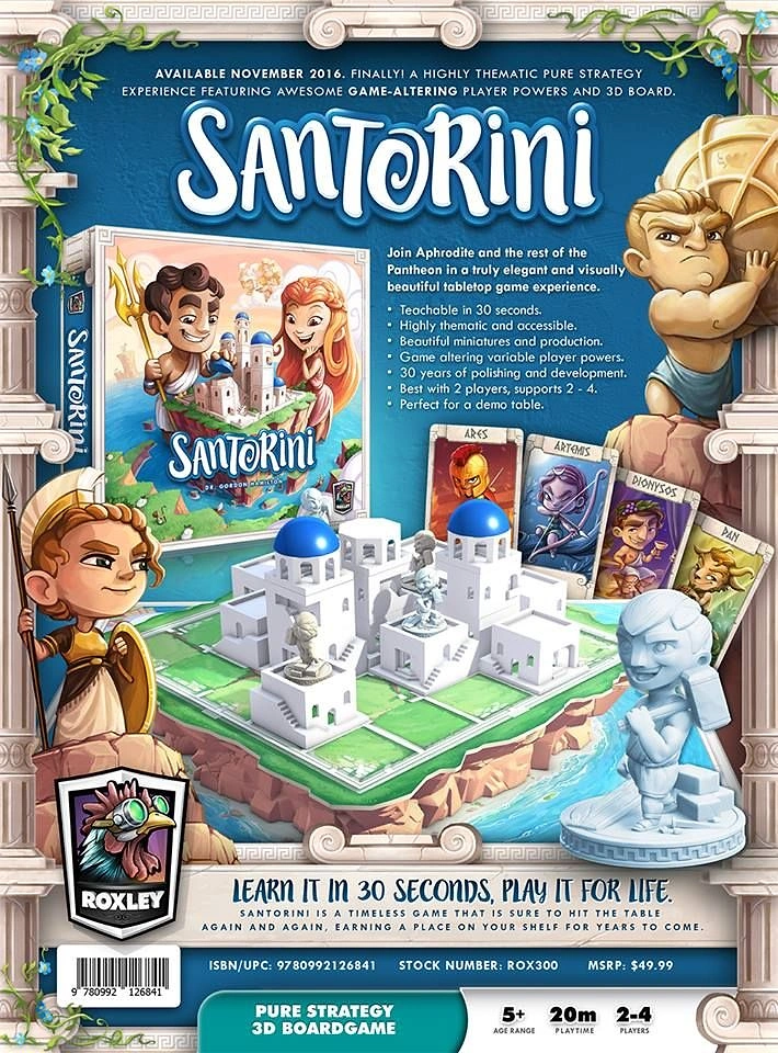 Board Games & Game Cafes creative ad: Board game box and 3D Santorini island board with chibi Greek gods