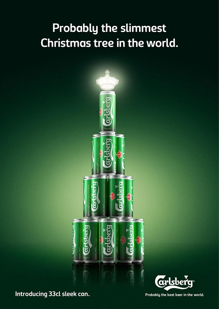 Christmas creative ad: Pyramid of slim beer cans forming a Christmas tree