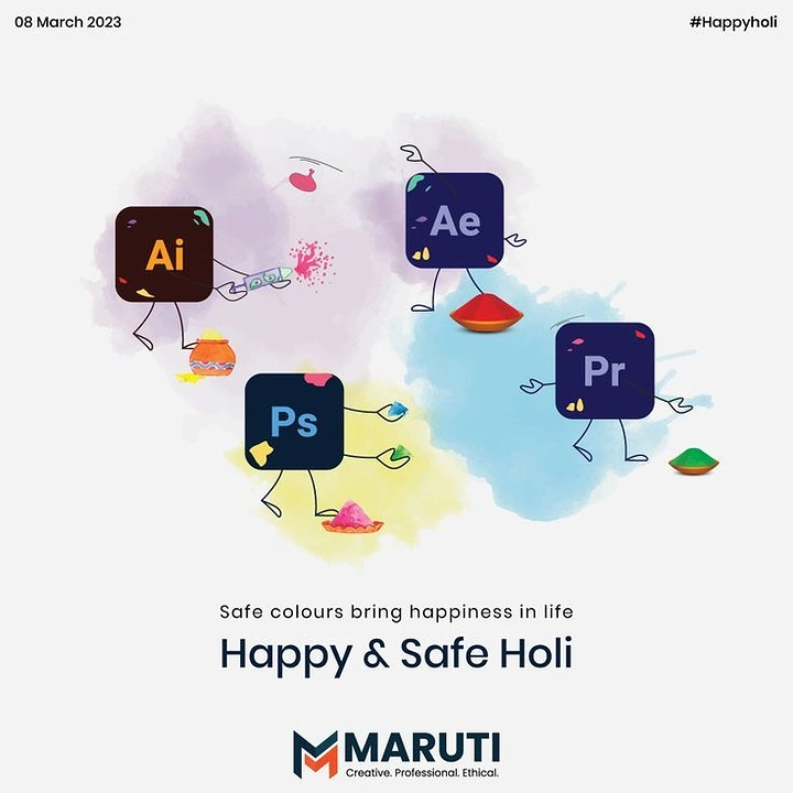 Holi creative ad: Design-app icons as stick-figure characters playing Holi