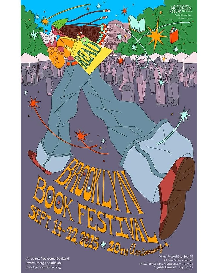 other-festival creative ad: A dynamic airborne reader flying over a citywide book festival