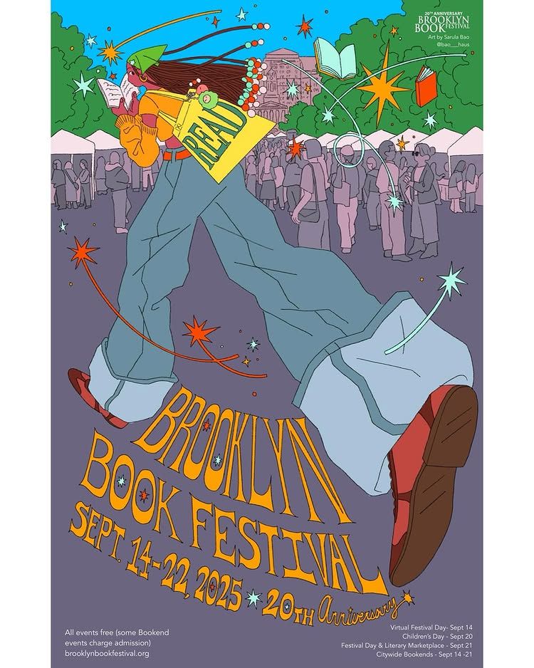 other-festival Poster: A dynamic airborne reader flying over a citywide book festival