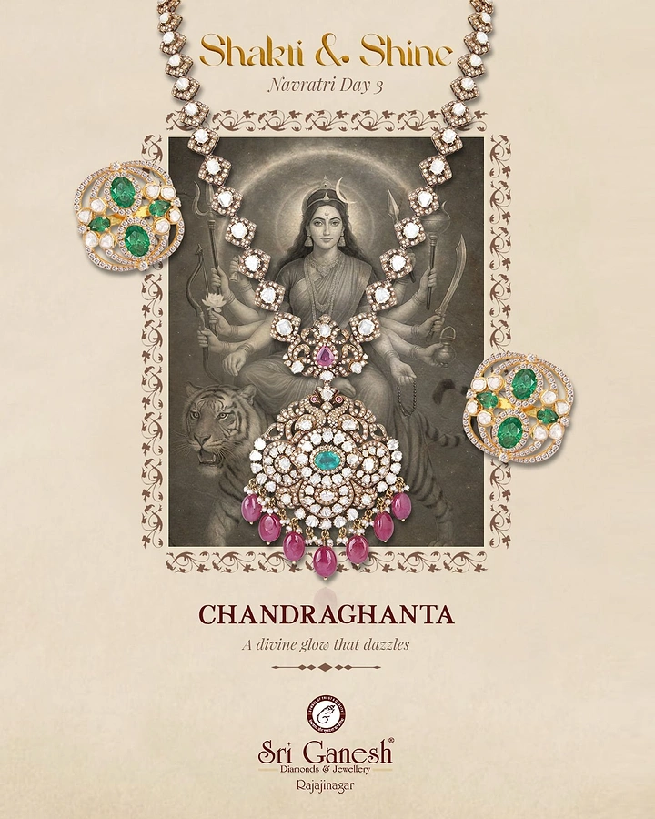 Navratri creative ad: Necklace frames Chandraghanta goddess, Navratri Day 3