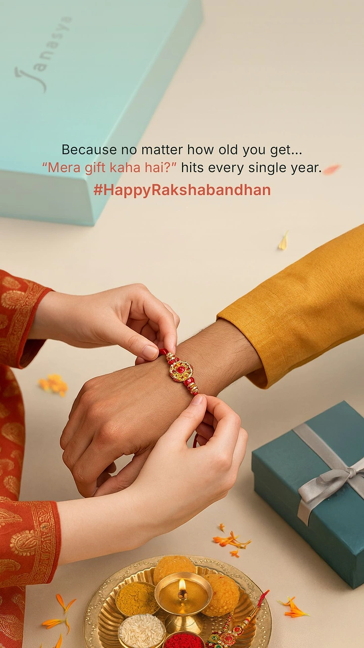 Raksha Bandhan creative ad: A sister tying a gold rakhi on her brother's wrist over a pooja thali