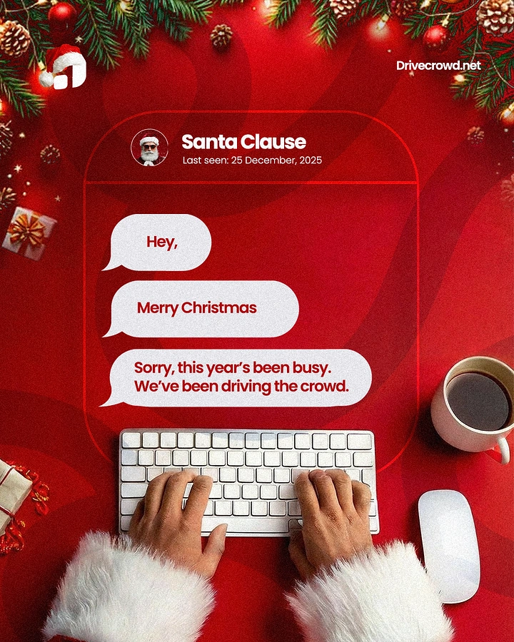Christmas creative ad: Santa's hands typing on a keyboard beneath a chat interface