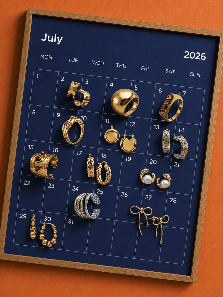 Fashion creative ad: Gold jewellery placed on a monthly calendar