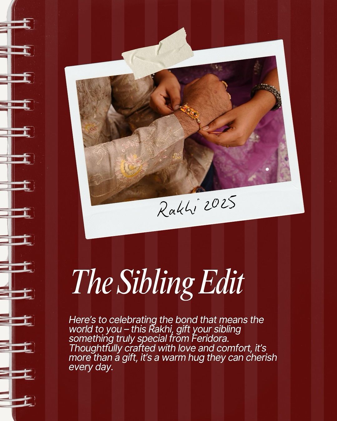 Raksha Bandhan Instagram post: Polaroid of a sister tying a rakhi, taped to a notebook